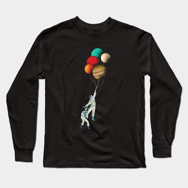 Planet Balloons Funny Astronauts Flying Away Long Sleeve T-Shirt by origato